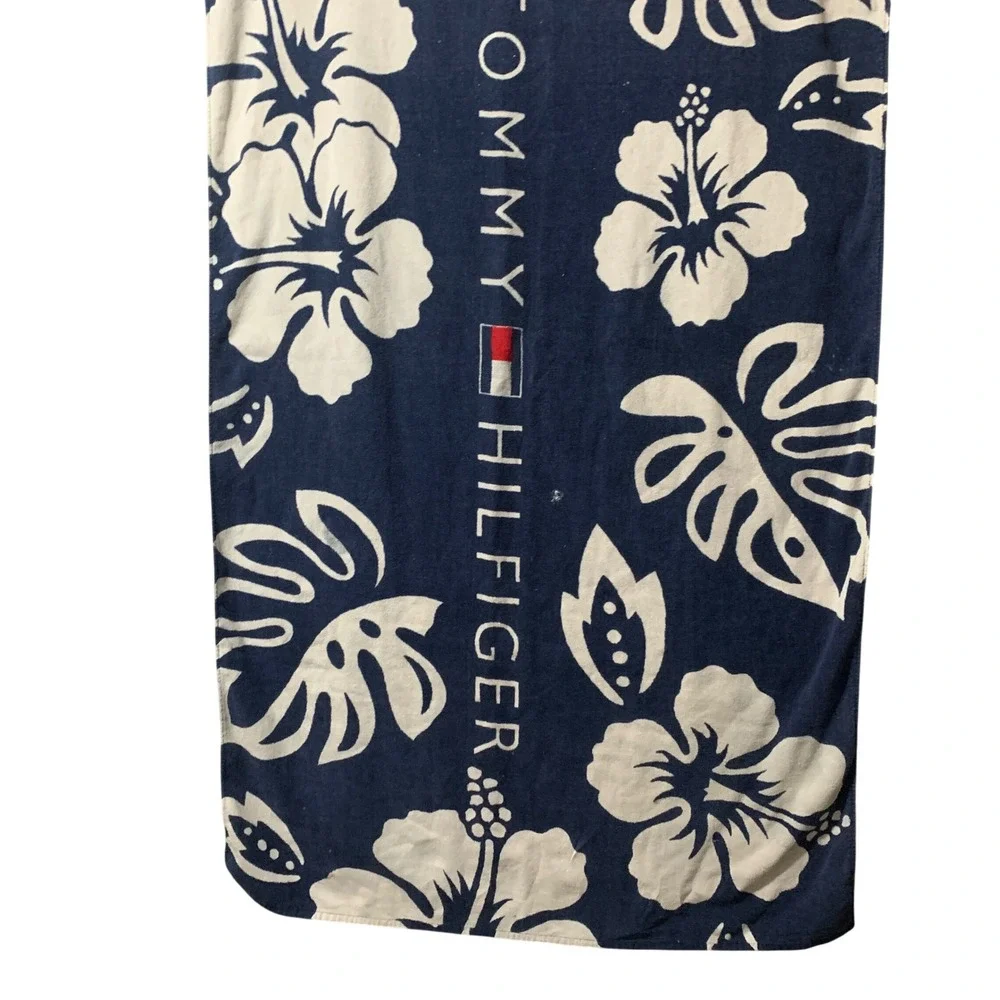 Tommy Hilfiger Beach Towel Navy White Floral Hibiscus Cotton 34x60 Logo Flaw